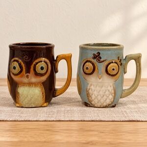 Gibson Home Owl Coffee Mugs Set of 2 Ceramic Brown Blue Woodland 4.25"